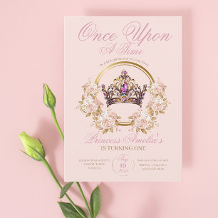Roze gouden kroon prinses 1e verjaardag kaart