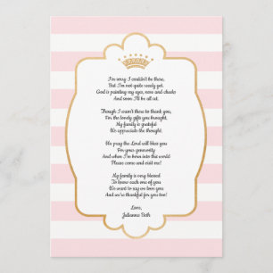 Roze gouden kroonBaby shower Opmerking + gedicht Bedankkaart