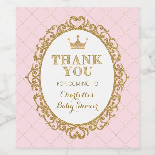Roze Gouden Kroonprinses Baby shower Gunsten Wijn Etiket (Enkel label)