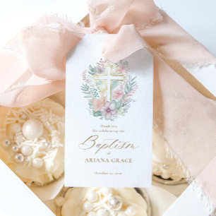 Roze Gouden Kruis Bloemen Elegante Waterverf Doop Cadeaulabel