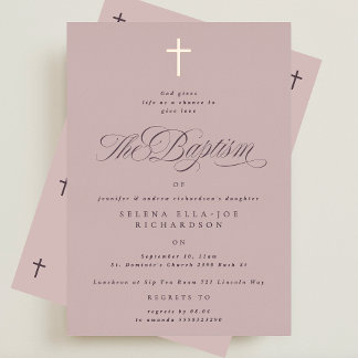 Roze Gouden Kruis Calligrafie Roze Doop Uitnodigin Folie Uitnodiging