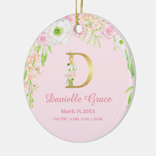 Roze & Gouden Letter "D" Bloemen Monogram Geboorte Keramisch Ornament