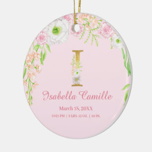 Roze & Gouden Letter "I" Floral Monogram Geboorte Keramisch Ornament