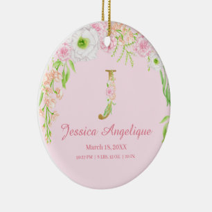 Roze & Gouden Letter "J" Floral Monogram Geboorte Keramisch Ornament