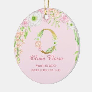 Roze & Gouden Letter "O" Bloemen Monogram Geboorte Keramisch Ornament