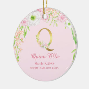Roze & Gouden Letter "Q" Bloemen Monogram Geboorte Keramisch Ornament