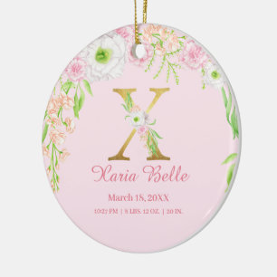 Roze & Gouden Letter "X" Bloemen Monogram Geboorte Keramisch Ornament