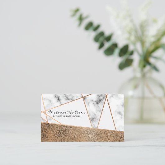 Roze Gouden Lijnen | Bruin Versleten Leer en Marme Visitekaartje (Staand voorkant)