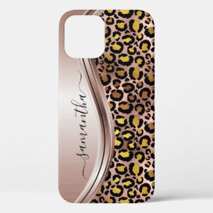 Roze Gouden Luipaard Handgeschreven Naam Metaal iPhone 12 Pro Hoesje
