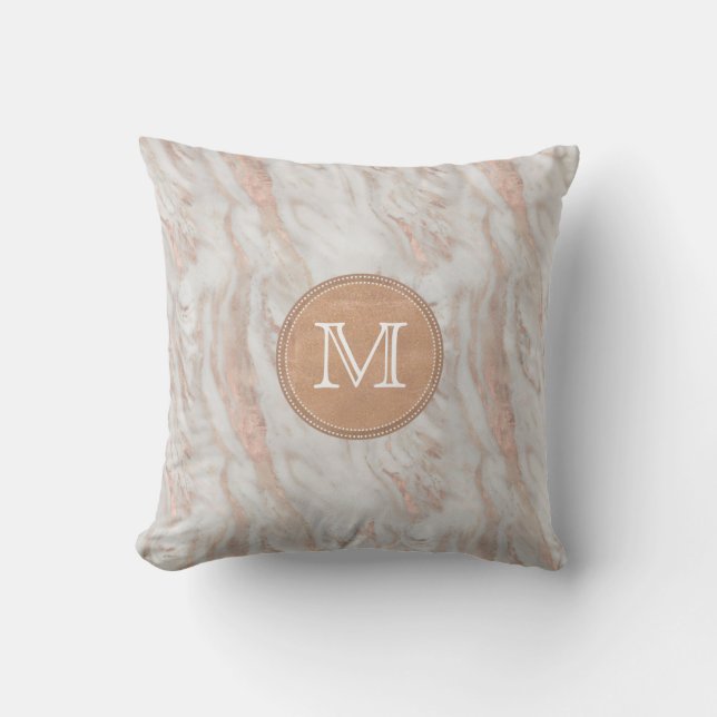 Roze Gouden Marmer Aangepaste Monogram Kussen (Voorkant)