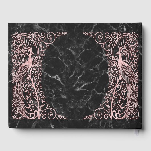 Roze Gouden Marmer Art Deco Pauw Huwelijk Gastenboek (Achterkant)