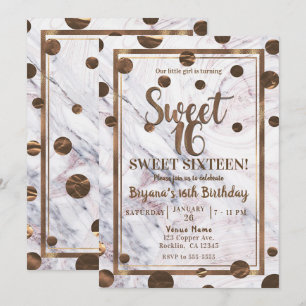 Roze Gouden Marmer Bronzen Koperen Sweet 16 Feest Kaart