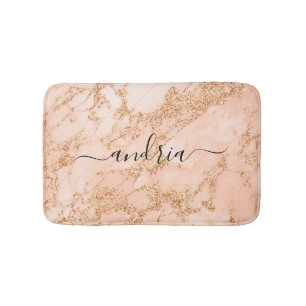 Roze Gouden Marmer Glitter, Zwarte Script Naam Badmat