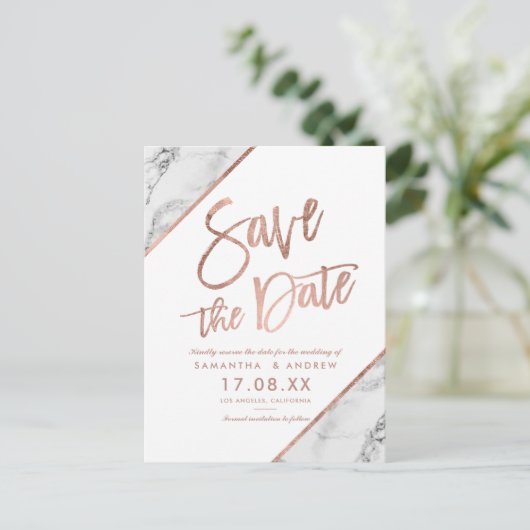 Roze gouden marmeren script witte save the date aankondigingskaart (Staand voorkant)