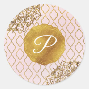 Roze & Gouden Marokkaanse Glam Monogram Bruiloft F Ronde Sticker