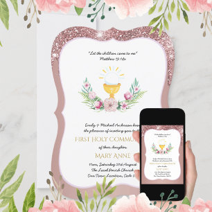 Roze Gouden Meisjes Bloemrijke Eerste Heilige Comm Kaart