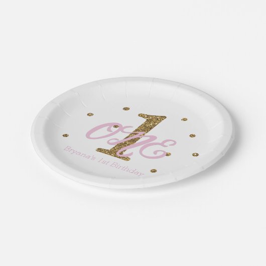 Roze & Gouden Meisjes Een 1e Verjaardagsfeest Papieren Bordje (Gekanteld)