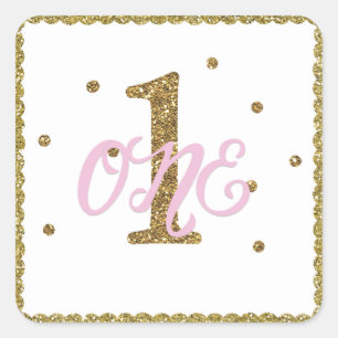 Roze & Gouden Meisjes Eén 1e Verjaardagsfeestje Fa Vierkante Sticker