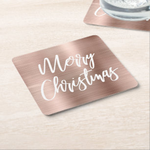 Roze Gouden Metallic Prettig Kerstmis Calligrafie Vierkante Kartonnen Onderzetter