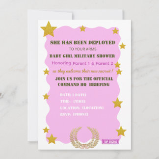 Roze Gouden Militaire Meisje Baby Shower Uitnodigi Kaart
