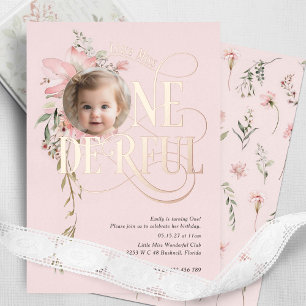 Roze gouden Miss Onederful Girl 1e verjaardagsfoto Folie Uitnodiging