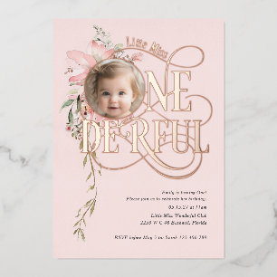 Roze gouden Miss Onederful Girl 1e verjaardagsfoto Folie Uitnodiging