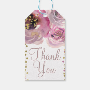 Roze & Gouden Moderne Bloemrijke Waterverf Bruidsd Cadeaulabel