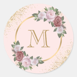 Roze Gouden Monogram Confetti Bloem Ronde Sticker