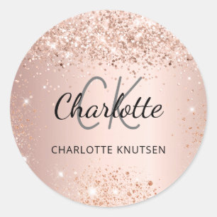 Roze gouden monogram naam ronde sticker