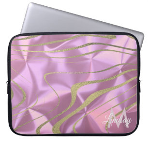 Roze Gouden Nep Folie Krullen Monogram Laptop Sleeve