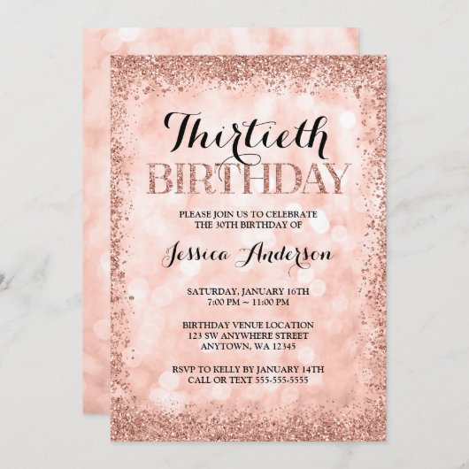 Roze Gouden Nep Glitter Lichtjes 30e Verjaardag Kaart (Voorkant / Achterkant)