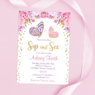 Roze gouden paarse vlinder en zie meisje kaart