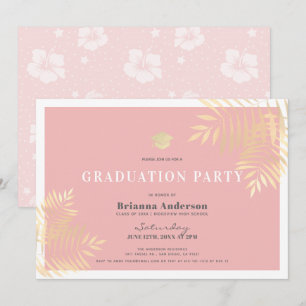 Roze Gouden Palm Tree Tropical Graduation Party Kaart