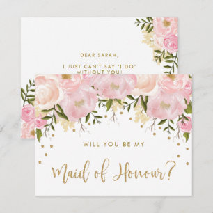 Roze gouden pioenrozen Chic Floral Be My Maid of H Kaart