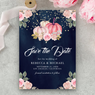 Roze Gouden Pompoen Bloemig Navyblauw Huwelijk Save The Date