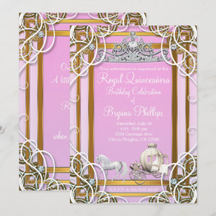 Roze Gouden Prinses Kroon & Koets Quinceañera Kaart