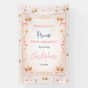 Roze Gouden Prinses Kroon Sprookje 1e Verjaardag Spandoek