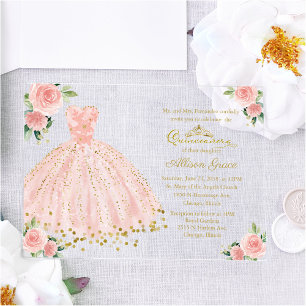 Roze Gouden Prinsessen Jurk Bloemige Quinceañera Acryl Uitnodigingen