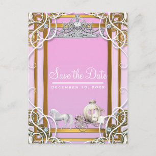 Roze Gouden Prinsessen Kroon & Koets Save the Date Aankondigingskaart