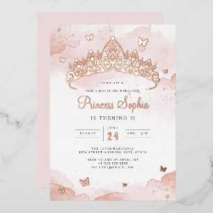 Roze Gouden Prinsessen Meisjes Verjaardagsfeestje Folie Uitnodiging
