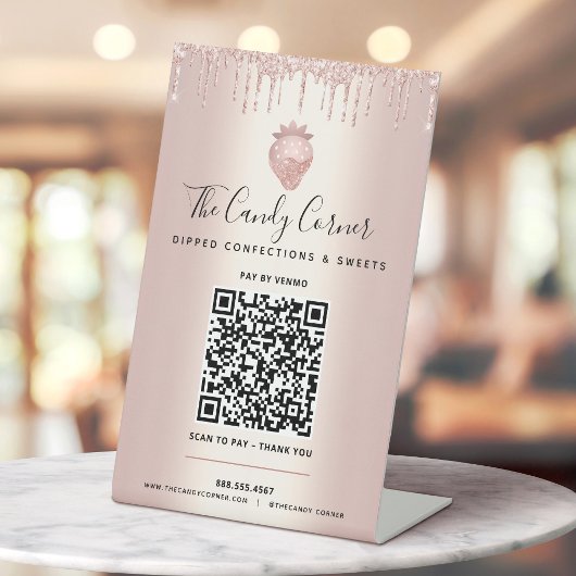 Roze Gouden QR Code Betaal Hier Aardbei Glitter Dr Reclamebord Met Voetstuk