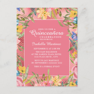 Roze Gouden Quinceañera Geel Blauw Bloemmotief Kaart