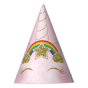 Roze & Gouden Regenboog Ster Eenhoorn Hoorn Gezich Feesthoedjes