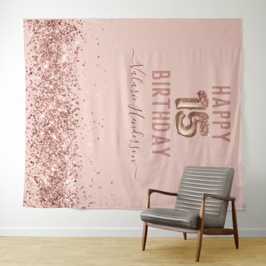 Roze Gouden Roze Verjaardag Doek 15 Jaar Wandkleed (In Situ (horizontaal))