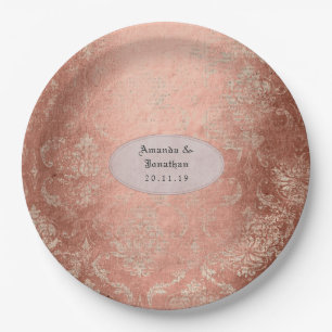 Roze Gouden Shabby-Chic Damast Bruiloft Papieren Bordje
