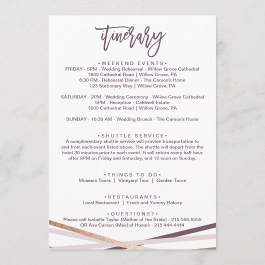 Roze Gouden Slierten Welkomstbrief & Reisprogramma Programma (Achterkant)