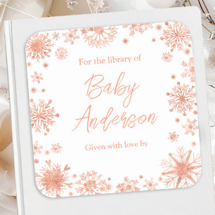 Roze Gouden Sneeuwvlokken Baby Shower Ex-Libris Vierkante Sticker