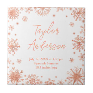 Roze Gouden Sneeuwvlokken op Witte Geboorte Stats Tegeltje