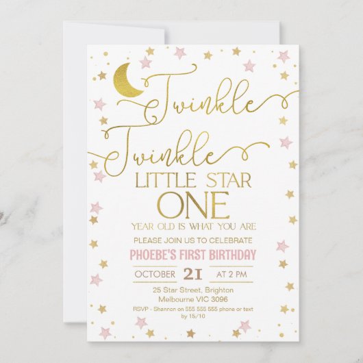 Roze Gouden Sterren Twinkle Little Star 1e Verjaar Kaart (Voorkant)