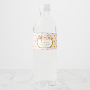 Roze Gouden Stippen Bloemen Water Flesje Etiket